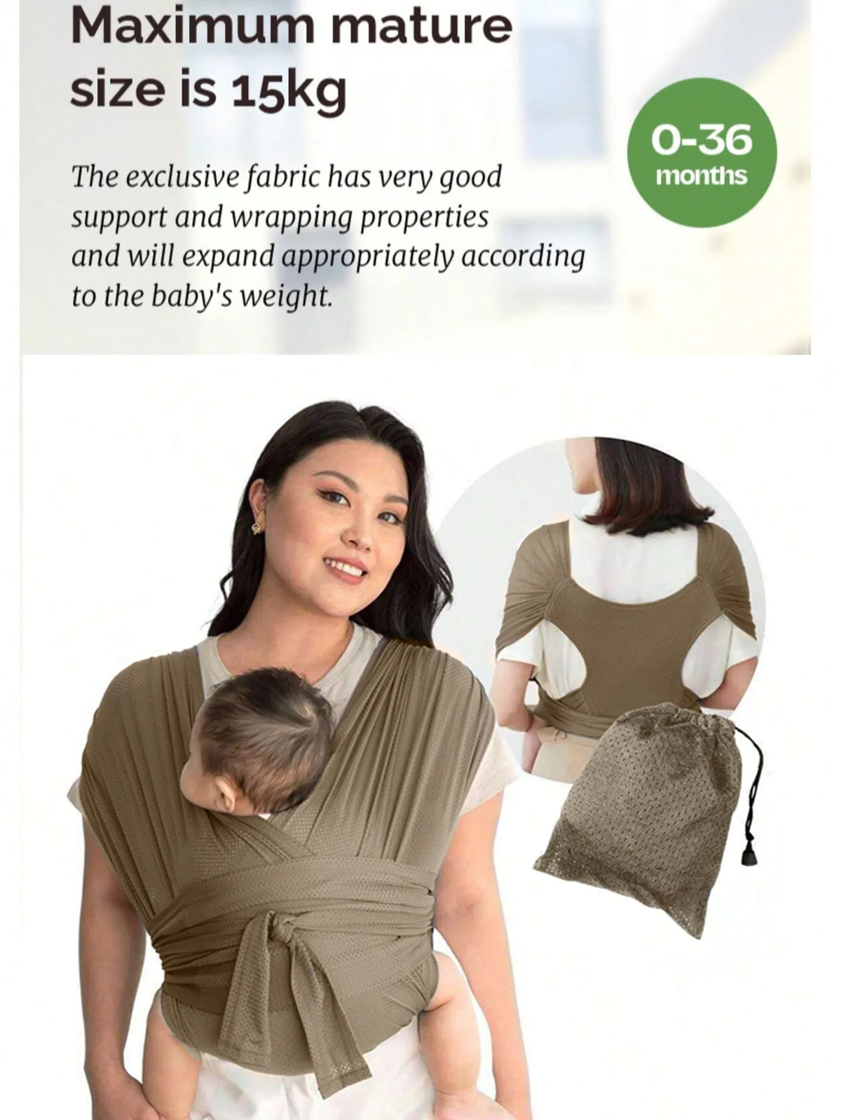 A woman is wearing a beige X-shaped baby sling carrier while holding a baby.