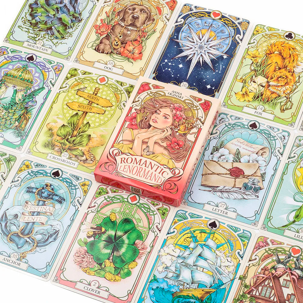 A collection of Lenormand tarot cards featuring various illustrations and symbols.