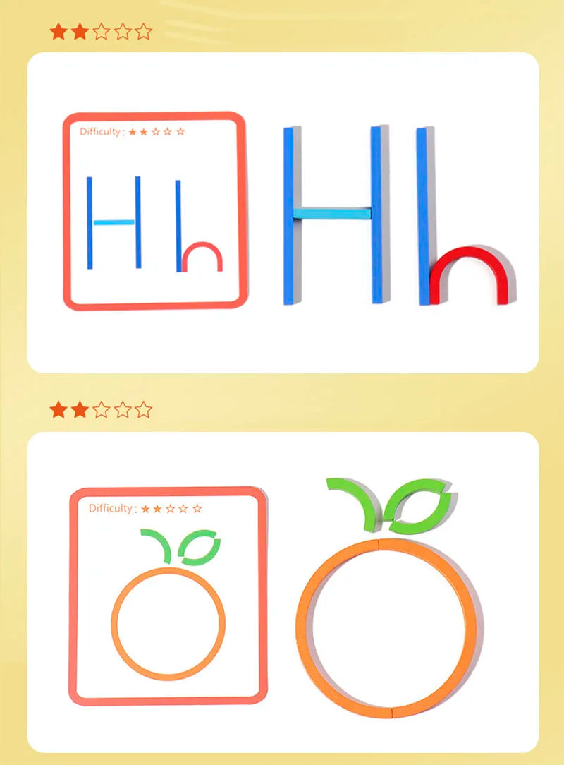 A set of wooden stick and ring puzzles for early learning, showing letters and an apple.