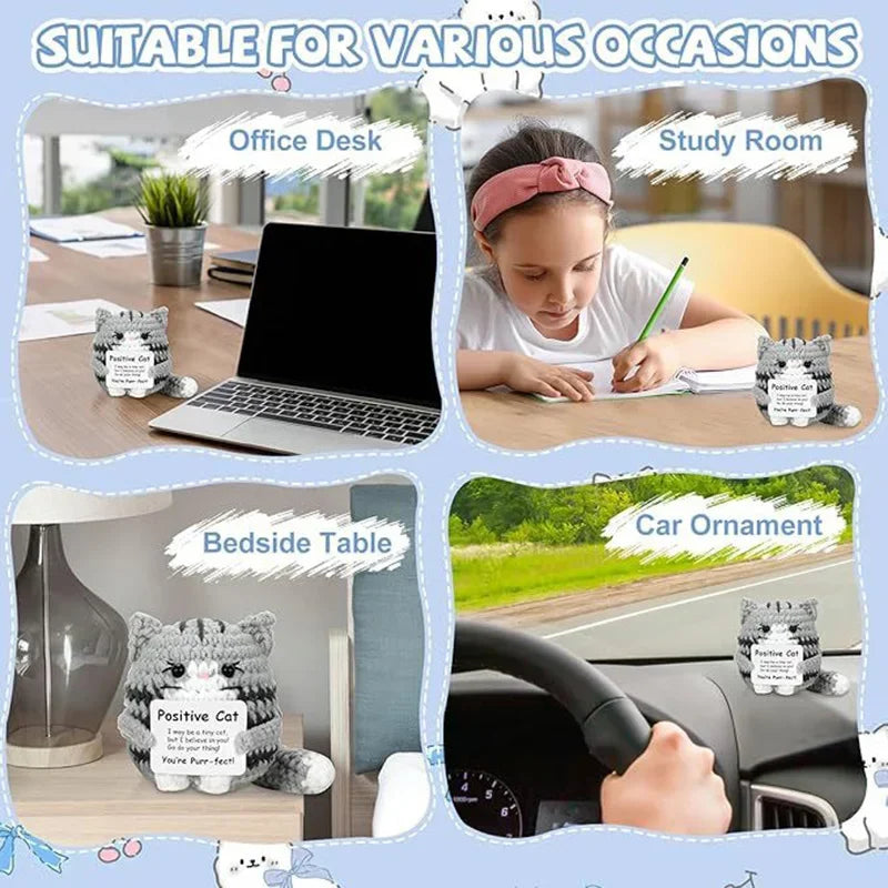 Handmade crochet cat figurines in various poses and contexts including an office desk, study room, bedside table, and car orn