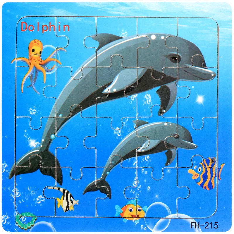 A jigsaw puzzle featuring a dolphin and a small fish against a blue underwater background.
