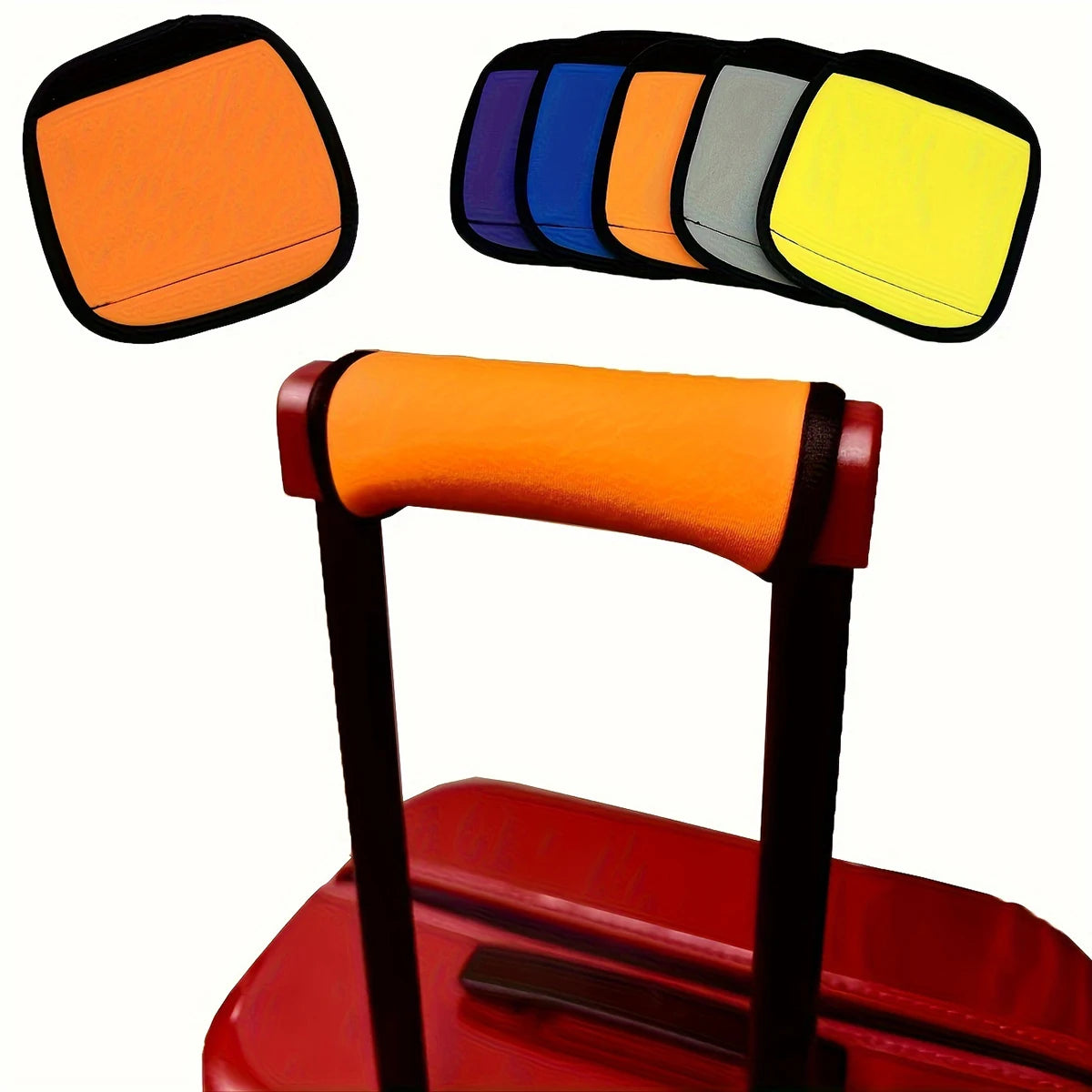 A set of neoprene luggage handle covers in various colors, including orange, blue, green, and yellow, shown with a red suitca