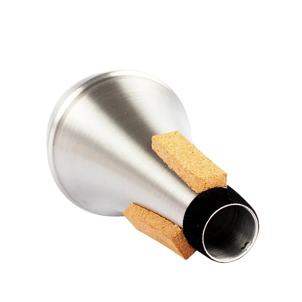 A silver aluminum alloy trumpet practice mute with a wooden block attachment.