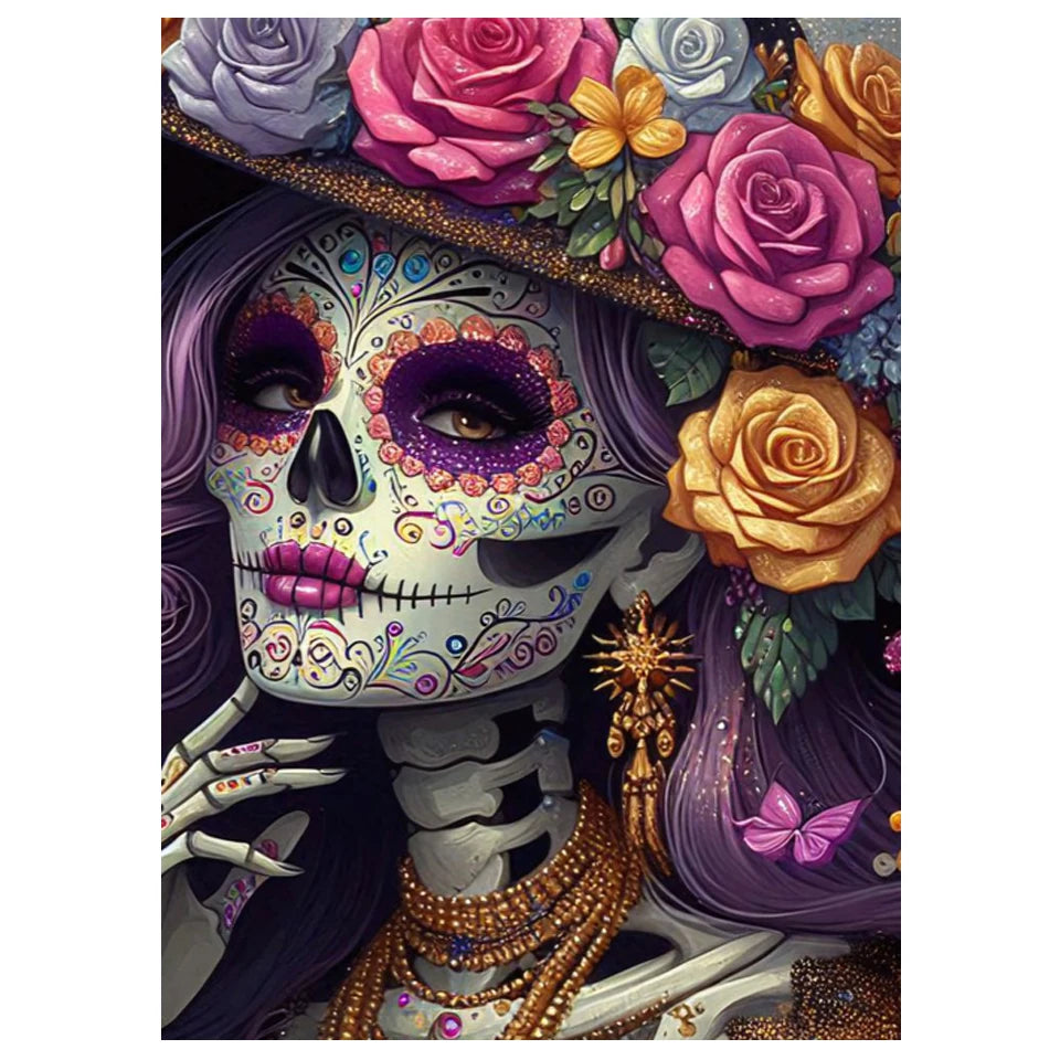 A detailed diamond painting kit featuring a skull face adorned with vibrant flowers and intricate patterns.