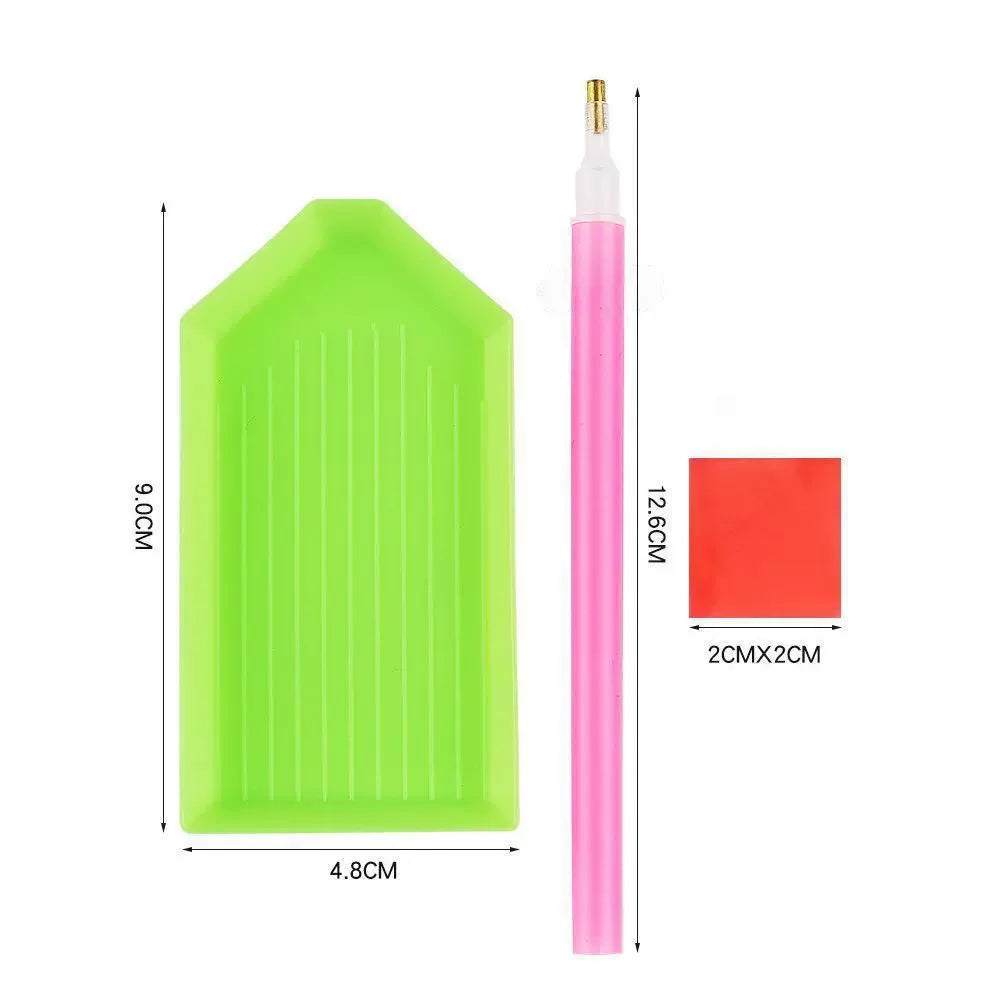 A pink and lime green automatic diamond painting bead dispenser and precision press tool.