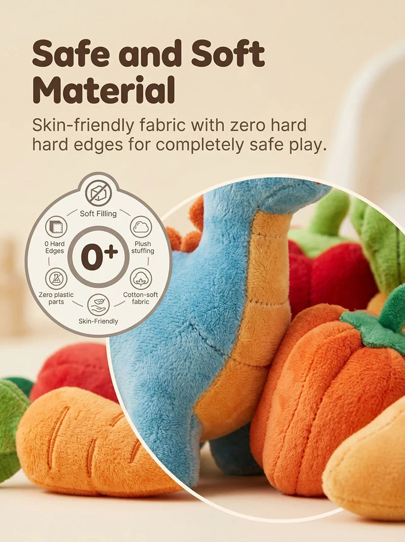 A close-up of a soft, blue plush toy and various colorful fabric shapes used for a Montessori sorting toy set.