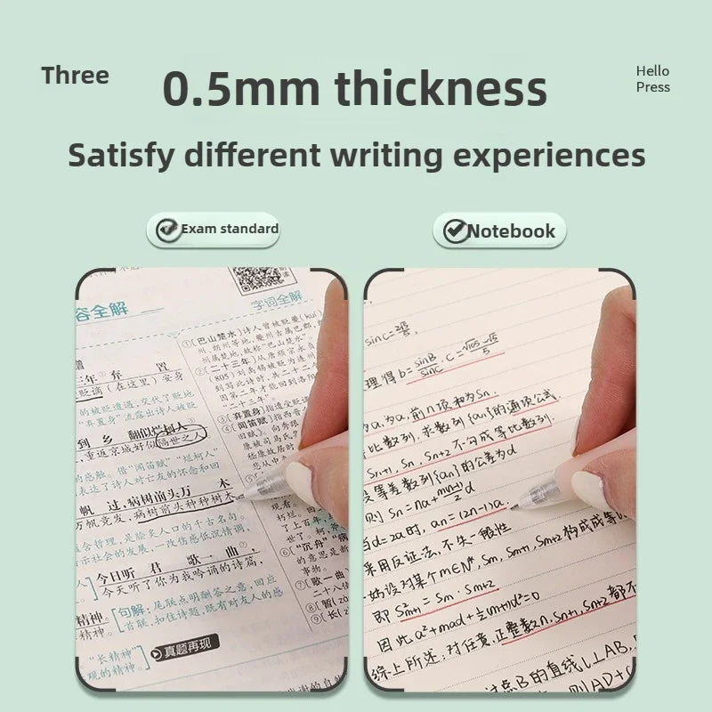 A close-up of a white notebook page showing writing samples with a 0.5mm thickness pen.