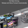 A die-cast model car racing on a track inside a metal container trailer truck set with pull-back driving features