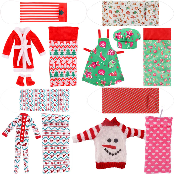 A set of elf doll pajamas and a hammock for a red boy featuring festive patterns in red, green, and pink.