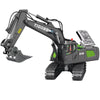 A black remote control construction excavator truck with a yellow brand logo and green accents.