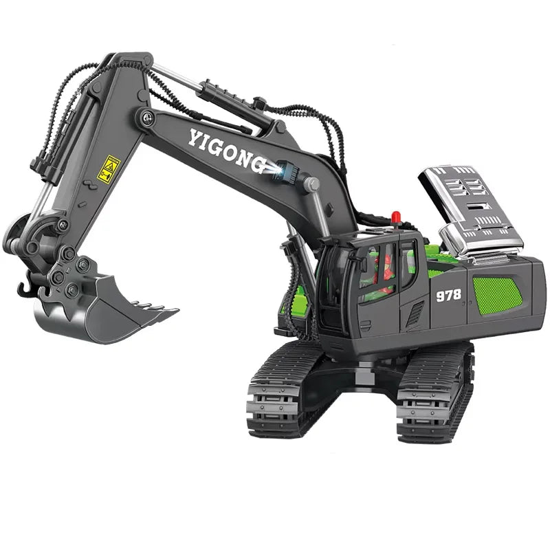 A black remote control construction excavator truck with a yellow brand logo and green accents.