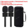 A set of two black microphone handles, flag, and a storage bag for two microphones.