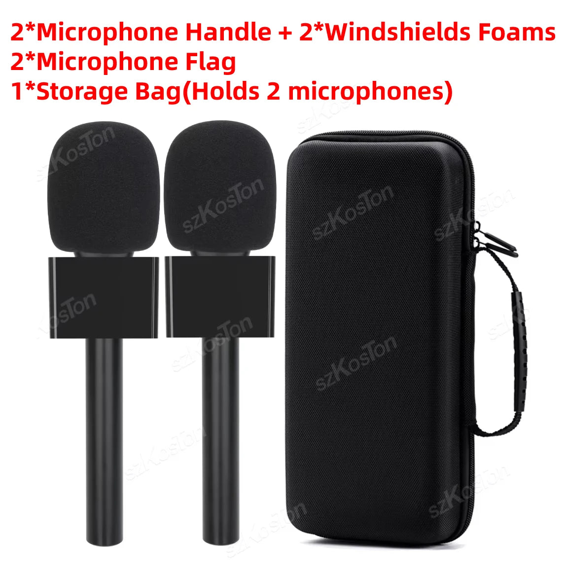 A set of two black microphone handles, flag, and a storage bag for two microphones.
