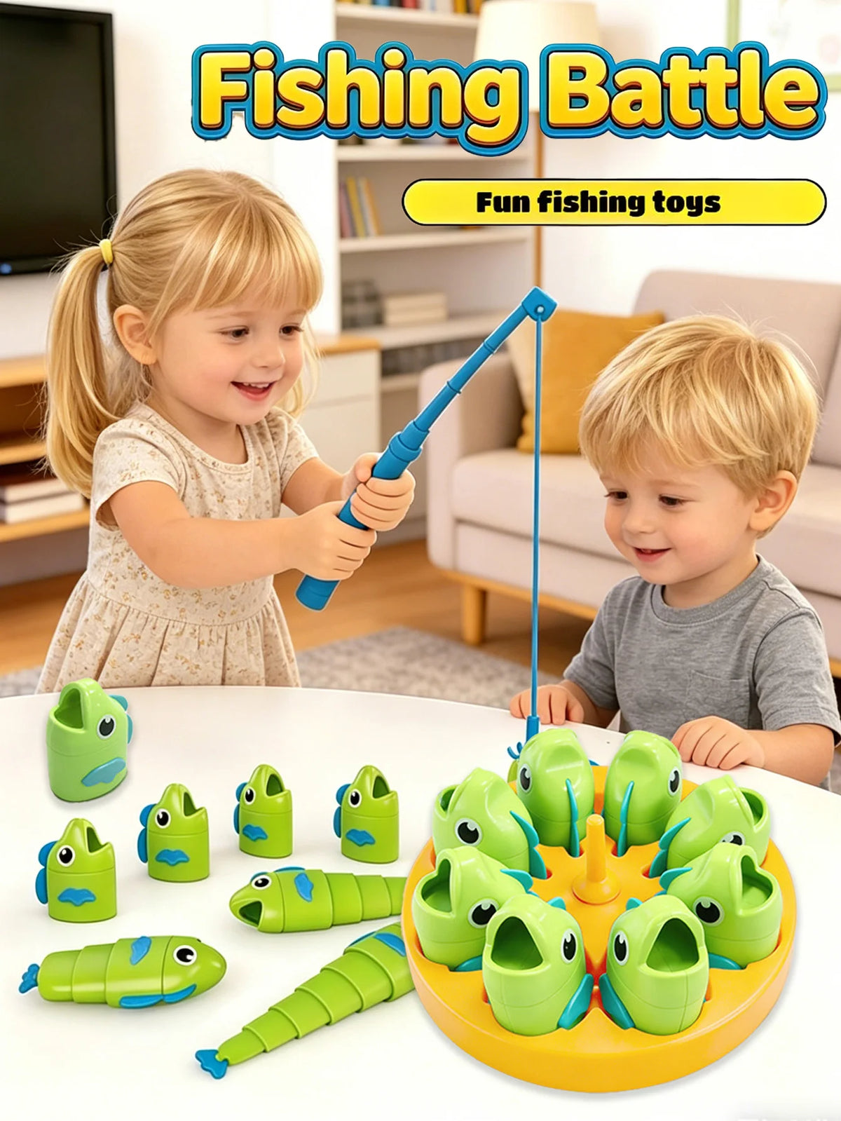 A child is playing a fishing battle game with green and yellow plastic fish on an orange table.