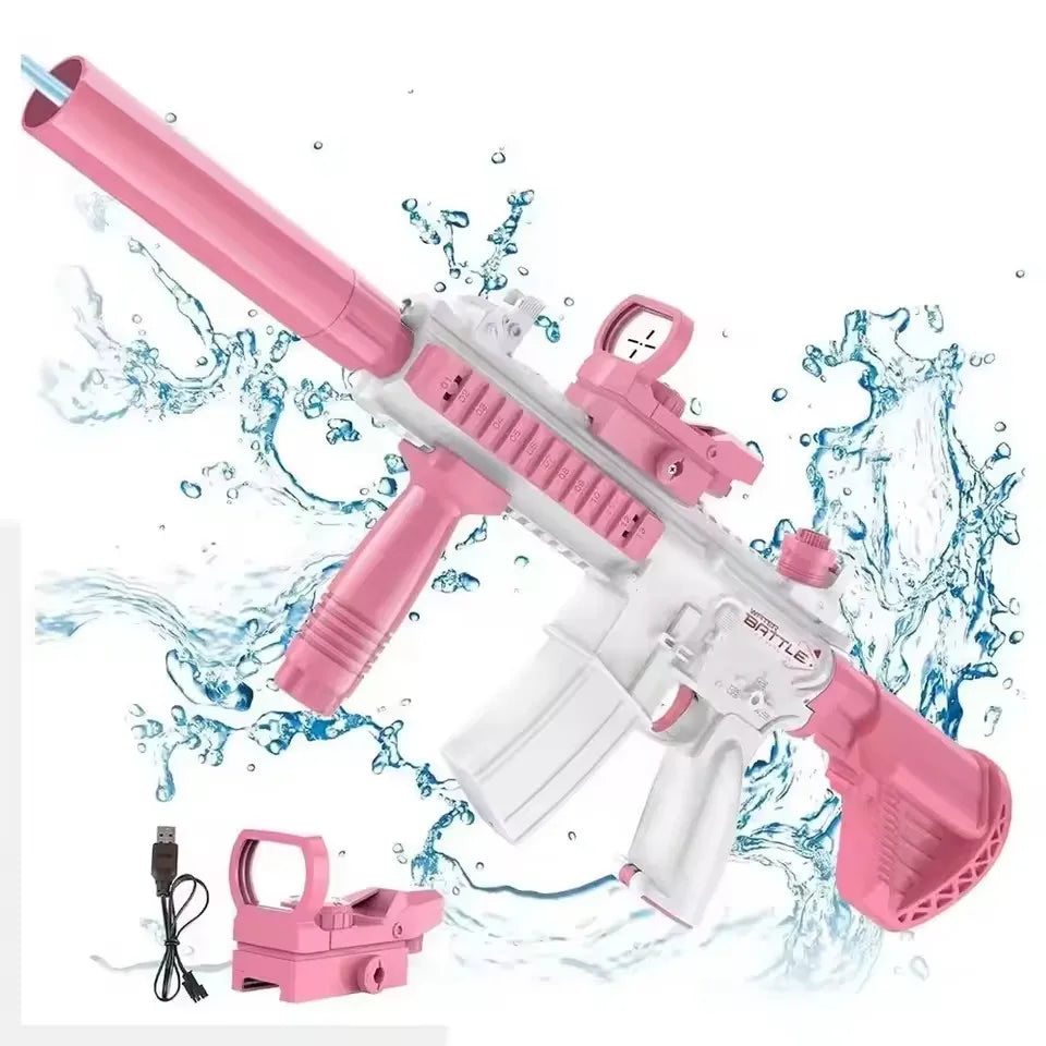A pink water blaster toy gun with a white body and accessories is shown spraying water.