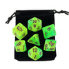 A set of six translucent lime green polyhedral dice stored in a black fabric bag.