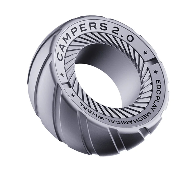 Silver magnetic fidget ring with etched text on the surface