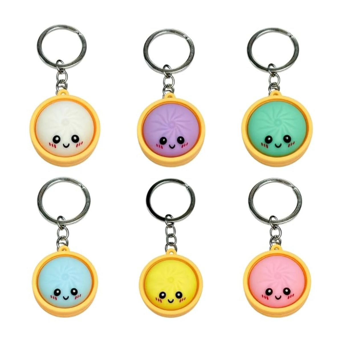 A set of five adorable dumpling stress relief keychains in various pastel colors.