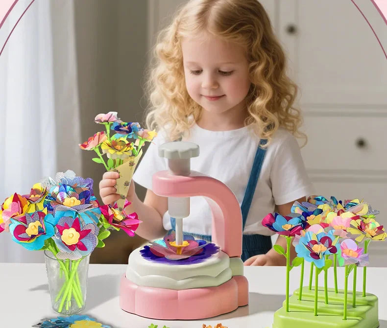 A young girl is assembling a fabric flower bouquet craft kit, featuring colorful flowers and pink components.