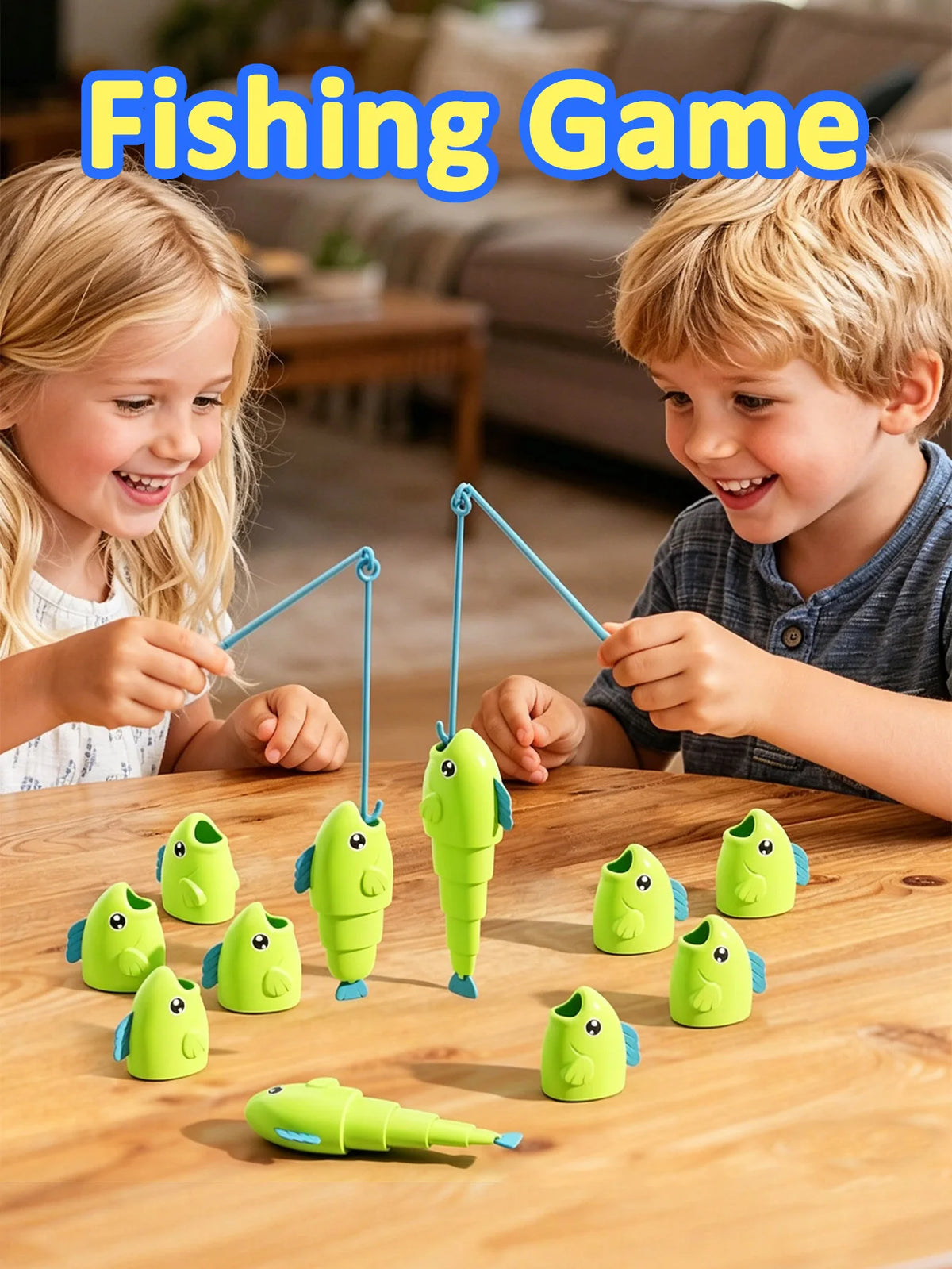 A fishing game with green plastic fish and fishing rods on a wooden table for children.
