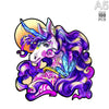 A vibrant purple unicorn head puzzle featuring iridescent details and flowing hair.