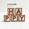 A set of wooden alphabet cake toppers spelling HAPPY with a measurement indicator.