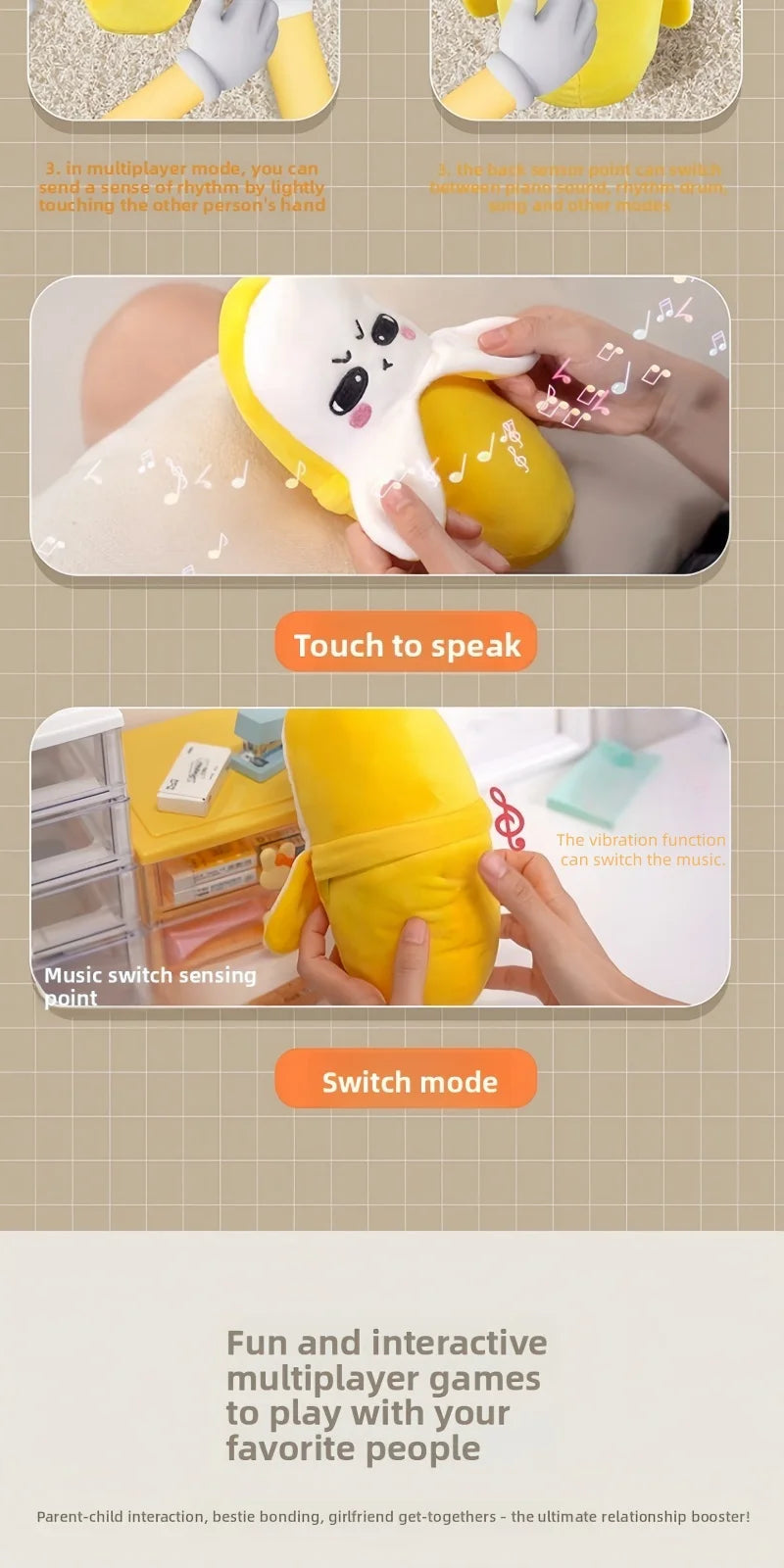 Musical Banana Plush Toy with Touch-Sensitive Piano