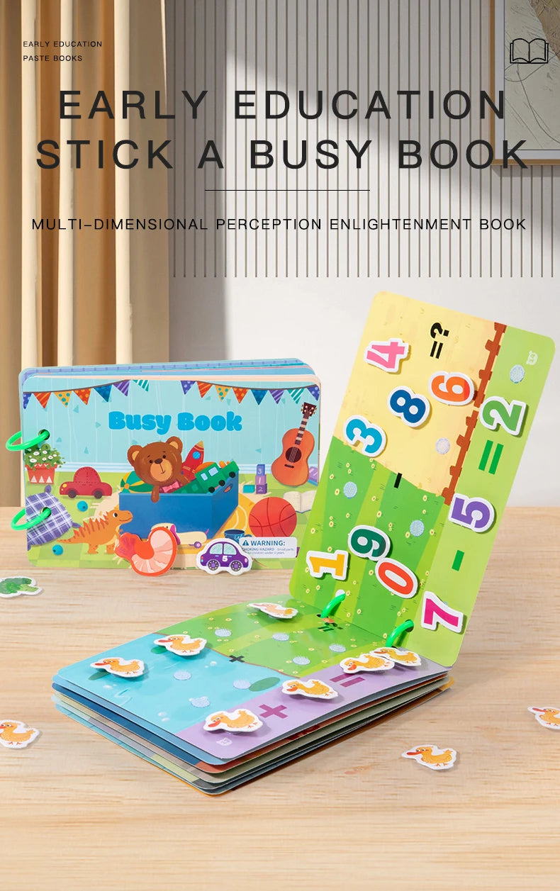A stack of colorful, multi-dimensional perception enlightenment books and a loose busy book are displayed on a wooden table.