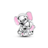 A silver charm bead depicting two cute elephant figures with pink ears and a heart shape.