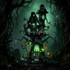 A miniature gothic building set featuring a skeleton hand and rose cross structure in a dark, overgrown forest setting.