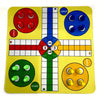 A yellow Ludo board game with colored pieces and a cross design, ready for play.