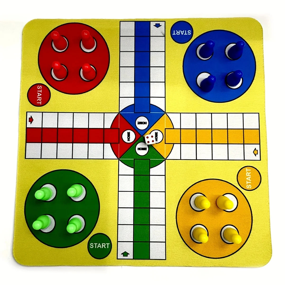 A yellow Ludo board game with colored pieces and a cross design, ready for play.