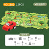 A green puzzle depicting a scenic railroad track layout with various landscape elements and a red electric train car.