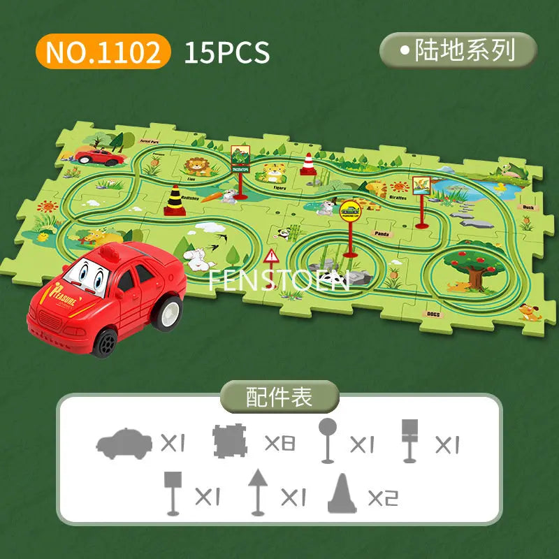 A green puzzle depicting a scenic railroad track layout with various landscape elements and a red electric train car.