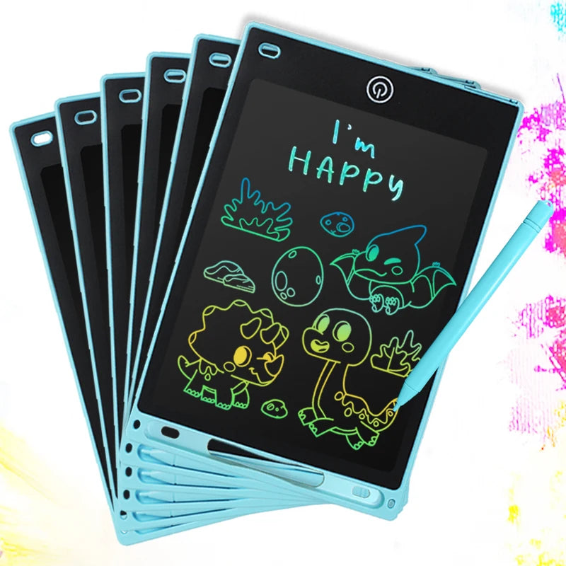 A stack of light blue LCD writing tablets with a green outline drawing 'I'm Happy' on the screen.