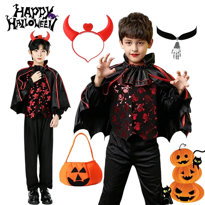A boy dressed in a black vampire bat costume with a cape, shirt, pants, and accessories for Halloween.