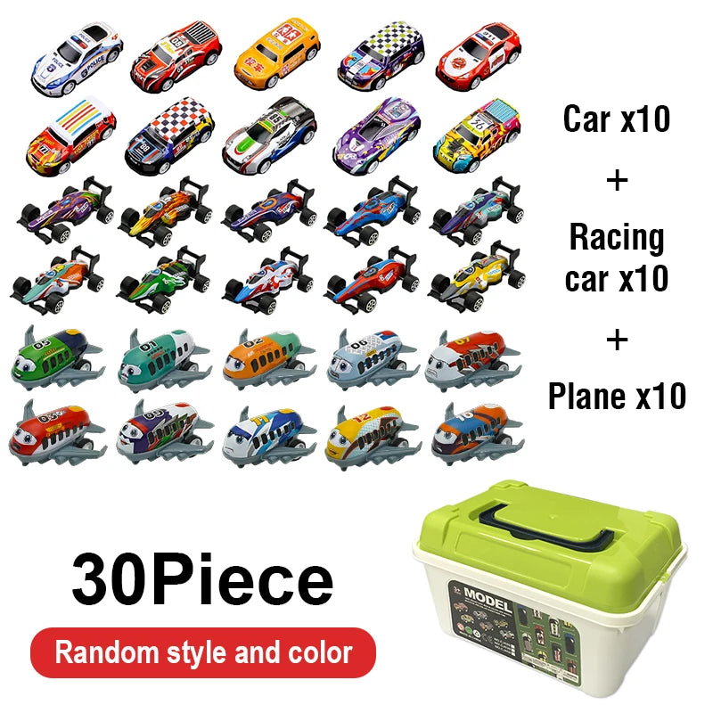 A set of 30 mini pull-back cars and 10 planes in various styles and colors with a storage bucket.