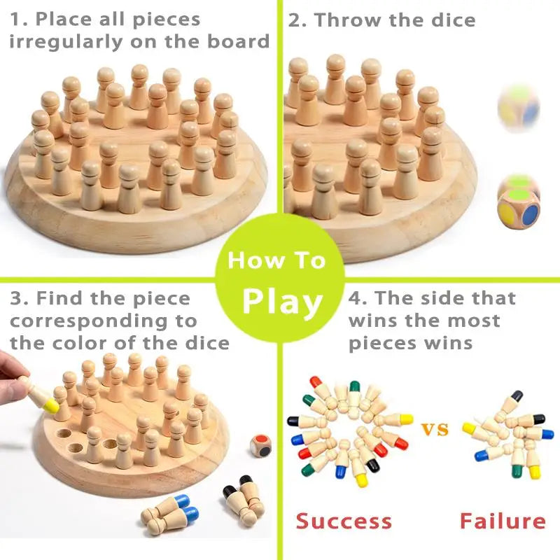 Instructions for playing a wooden memory match stick chess game showing how to place pieces and throw the dice