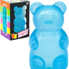 A light blue gummy bear squeeze toy is shown next to its packaging box.
