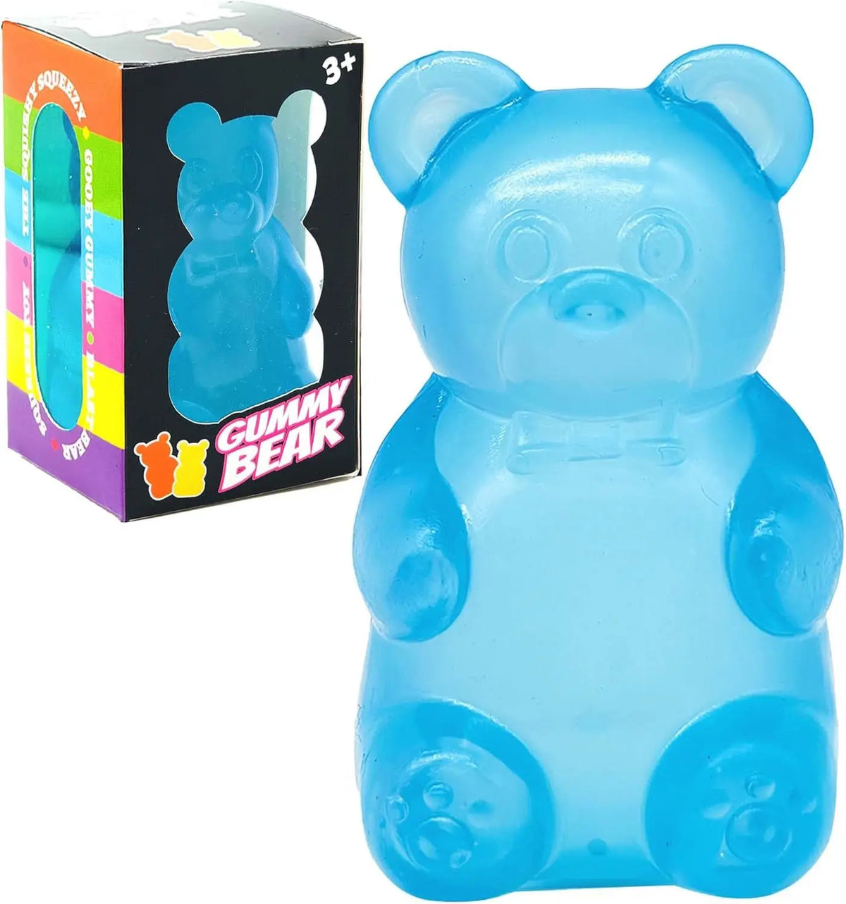 A light blue gummy bear squeeze toy is shown next to its packaging box.