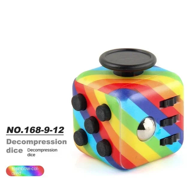 Rainbow-colored decompression die cube with a black top and multiple buttons