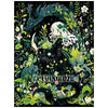 A dark, detailed illustration featuring a white-haired girl with green accents surrounded by lush foliage and a shadowy wolf 