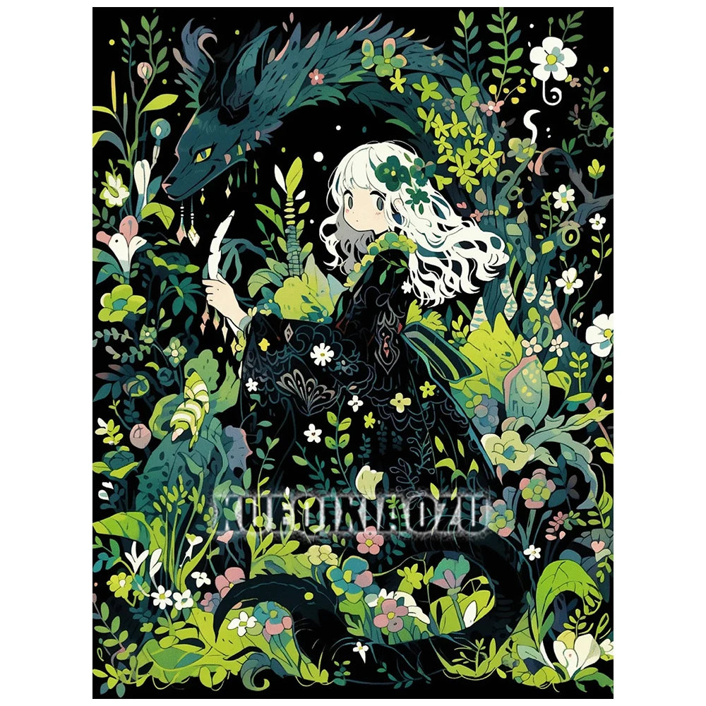A dark, detailed illustration featuring a white-haired girl with green accents surrounded by lush foliage and a shadowy wolf 