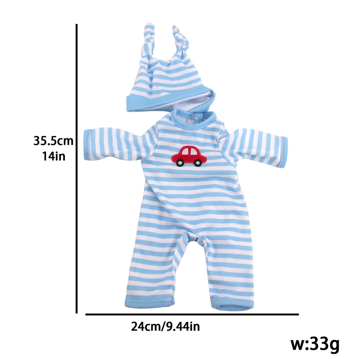 A baby bodysuit featuring blue and white stripes with a red car graphic.