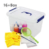 A white storage box containing 16+ bottles of colorful water animal beads and a green sieve.