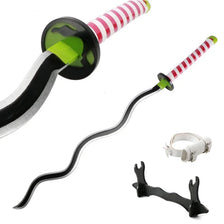 A cosplay sword with a striped handle and a flexible blade is shown against a white background.
