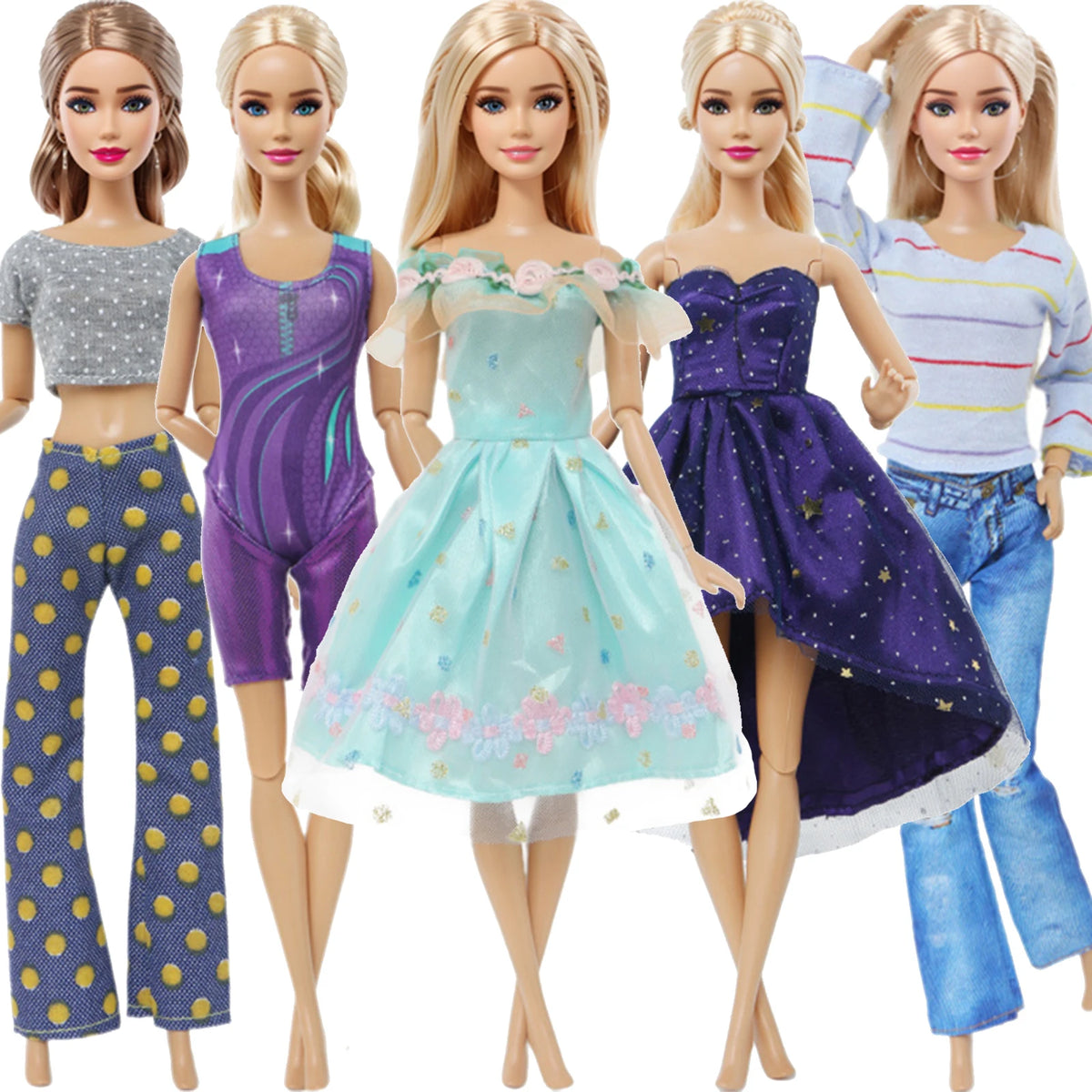 A set of five handmade casual doll outfits featuring various colors and styles for 1/6 scale dolls.