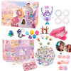 A collection of mermaid jewelry and accessories in a pink and purple advent calendar box.