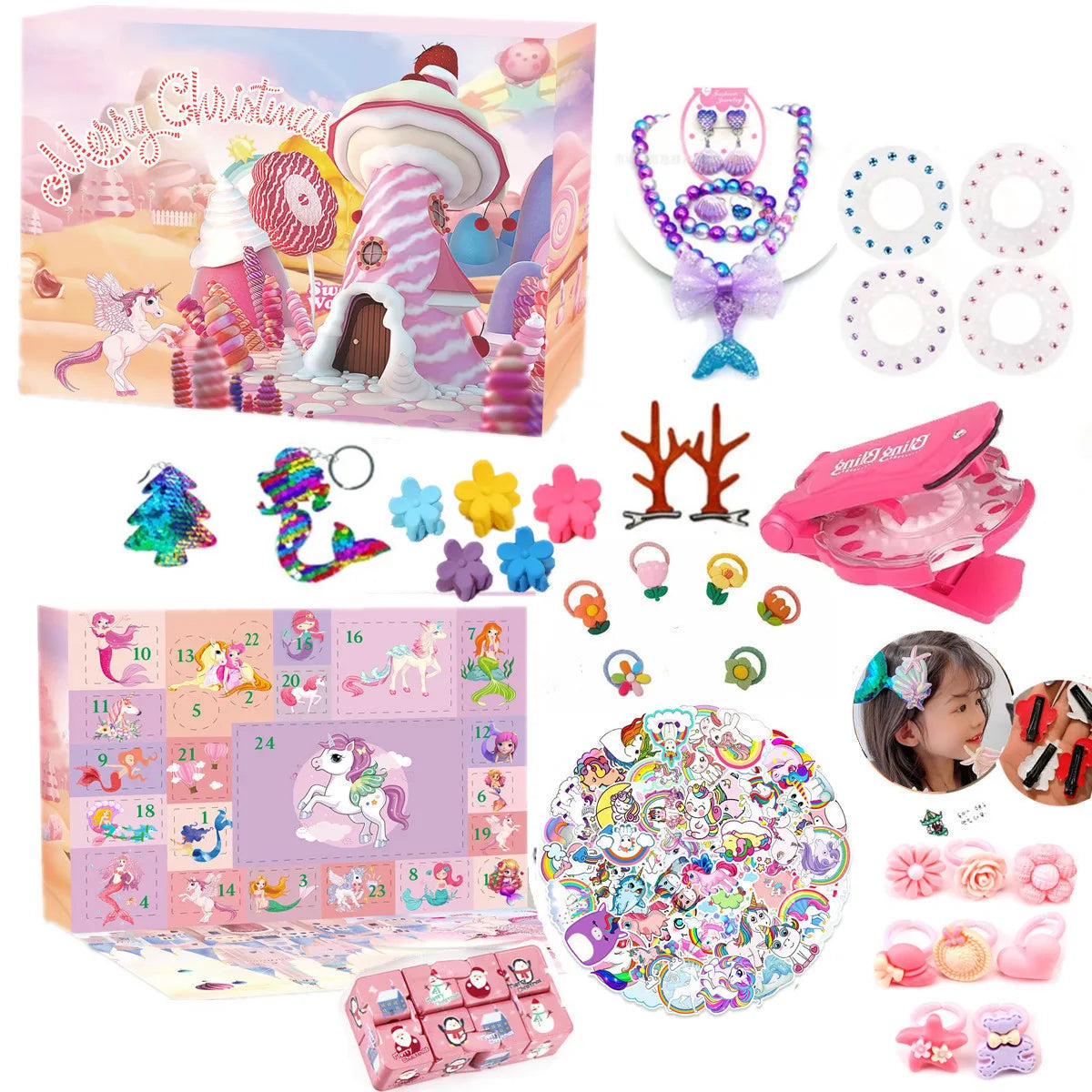 A collection of mermaid jewelry and accessories in a pink and purple advent calendar box.
