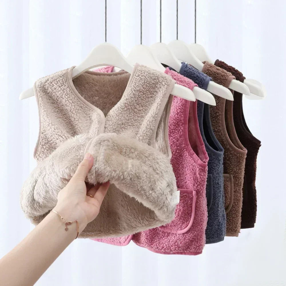 A beige fuzzy lamb wool baby vest is hanging on a white hanger against a light background.